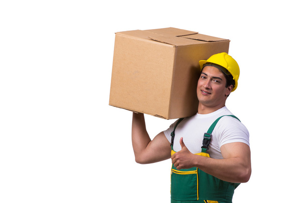 Man moving boxes isolated on the white background - Foto, afbeelding