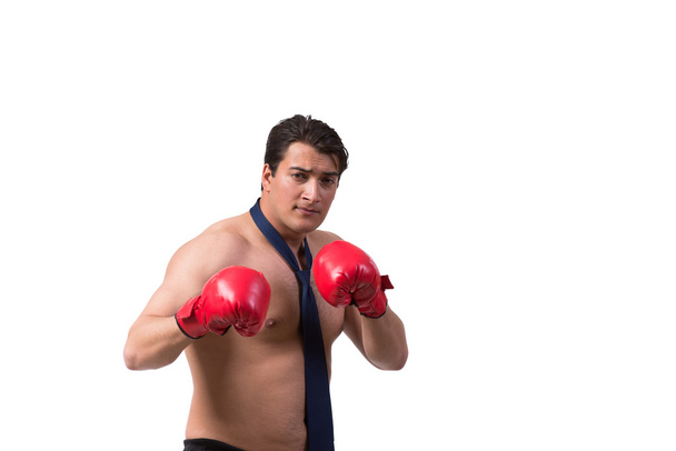 Strappato uomo d'affari con guanti da boxe isolato su bianco
 - Foto, immagini