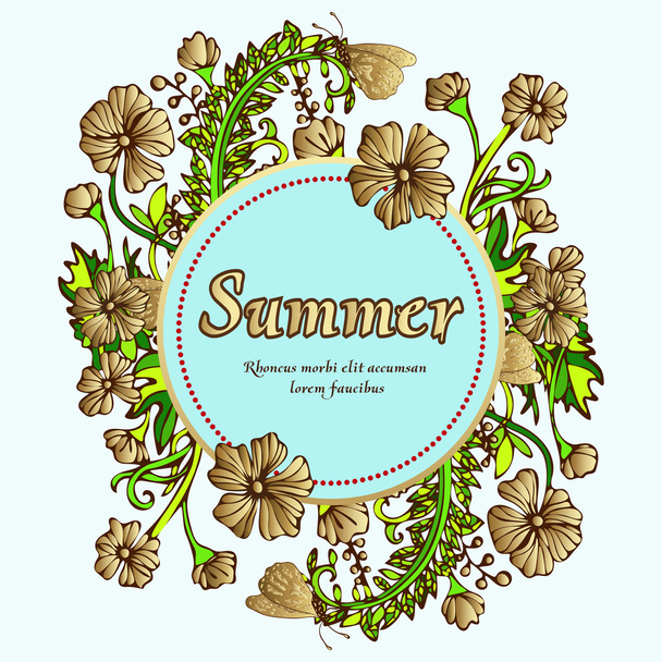 Flower wreath, gold garland, flower frame, border, summer landscape in the style of boho, hippie. Golden flowers and label for text. Expensive, luxury composition. Vintage card, banner. Plant ornament - Vector, imagen
