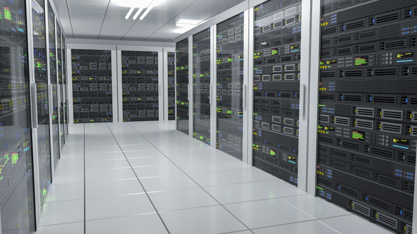 Hosting-diensten. Servers in een datacenter. 3D-gerenderde afbeelding. - Foto, afbeelding