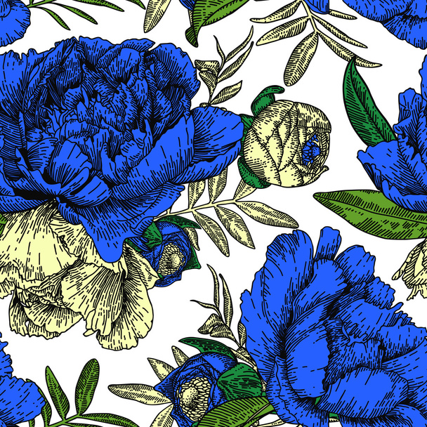 Seamless pattern with blue and white peonies. - Vector, Image