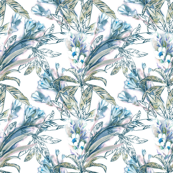 Watercolor Seamless Pattern with Exotic Plants - Foto, imagen