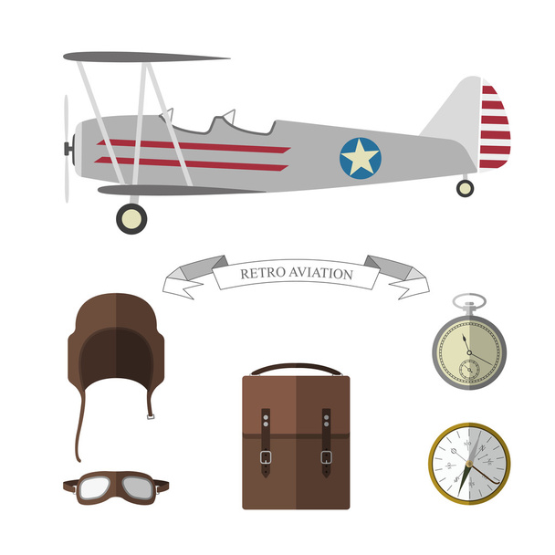 Conjunto de objetos piloto. Colección de artículos de aviación retro
 - Vector, Imagen
