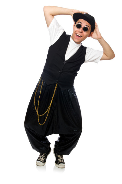 Vicces fiatalember táncol elszigetelt fehér - Fotó, kép