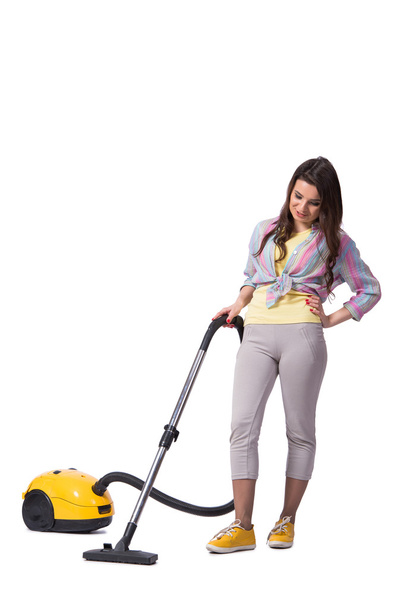 Woman with vacuum cleaner isolated on white - Фото, зображення