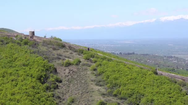 Általános képet a vár falán Sighnaghi és Alazani-völgy a háttérben hófödte hegyek, tavaszi, napsütéses - Felvétel, videó
