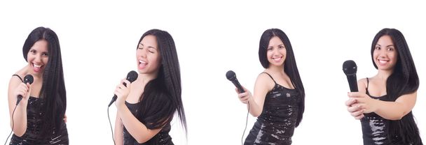 Nő énekel karaoke klub különböző pózok fehér - Fotó, kép