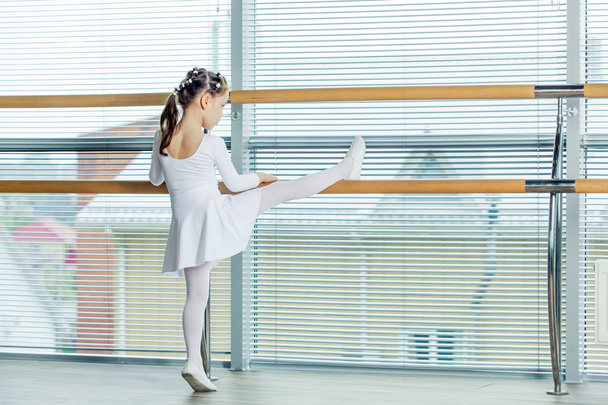 Little ballerina girl. Adorable child dancing classical ballet in a white studio. - Foto, afbeelding