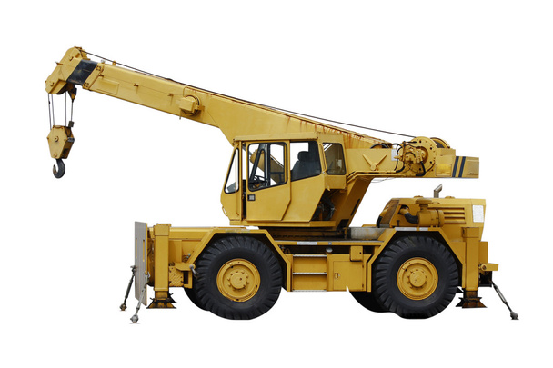 Stock Photo:  Industrial mobile crane Demag and hook on white ba - Photo, Image
