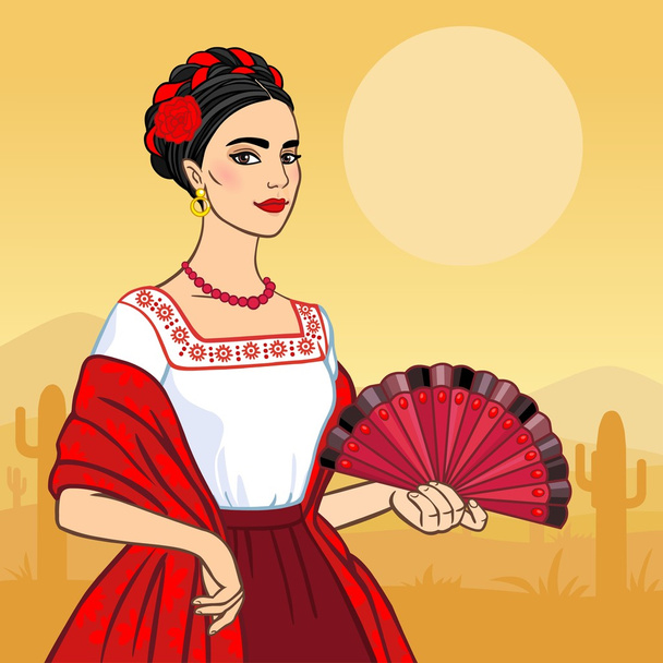 Beautiful woman with a fan on a desert background. - Vecteur, image