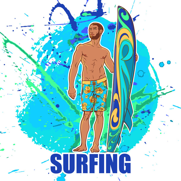 Surfer on ona a grunge spots. Brefs. Front view. - Vector, Image