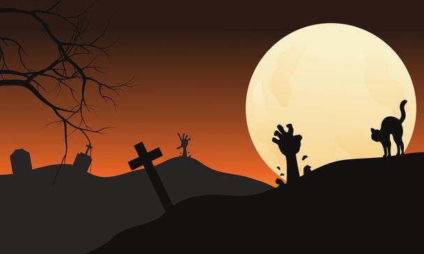 Halloween zombi mano y gato en la noche
 - Vector, imagen