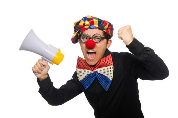 Clown avec haut-parleur isolé sur blanc
 - Photo, image