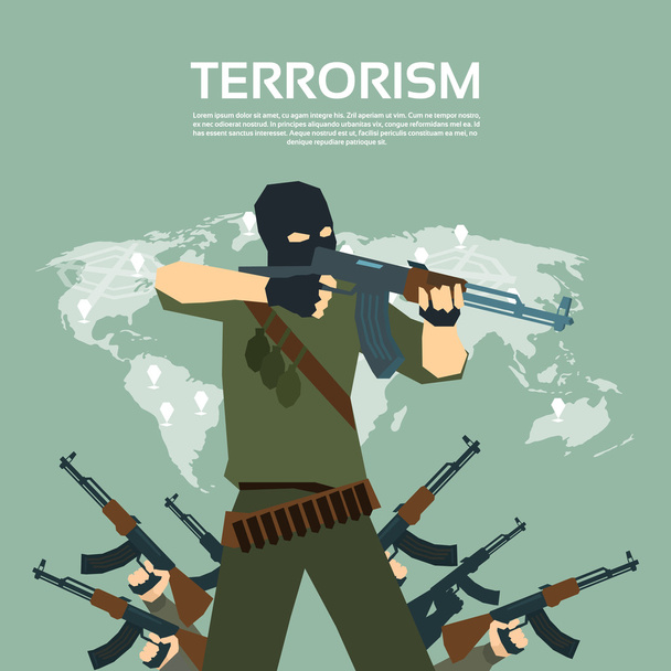 Збройна терористична група над світовою картою Концепція тероризму
 - Вектор, зображення