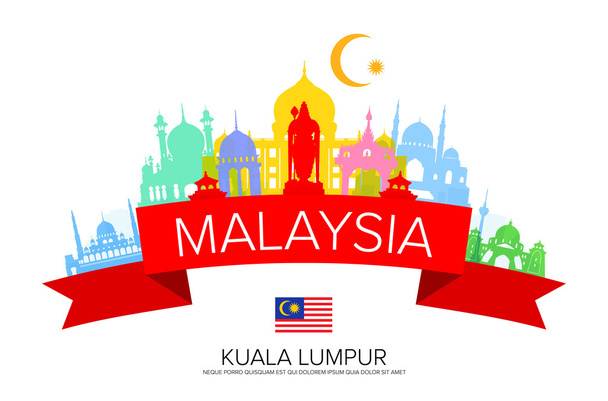 Σημεία ενδιαφέροντος ταξίδια Μαλαισία και σημαία.  - Διάνυσμα, εικόνα