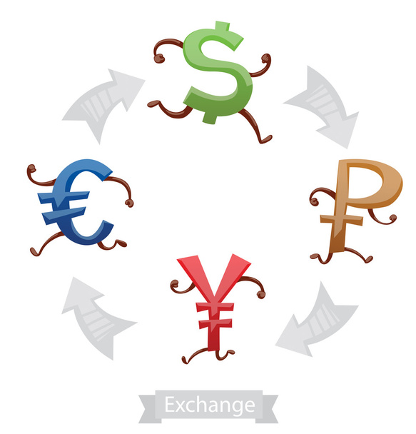 Financiën iconen, valutasymbolen lopen, euro, dollar, roebel, gij - Vector, afbeelding