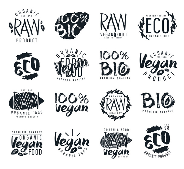 Raw vegan labels, badges and design elements - Vector, Image