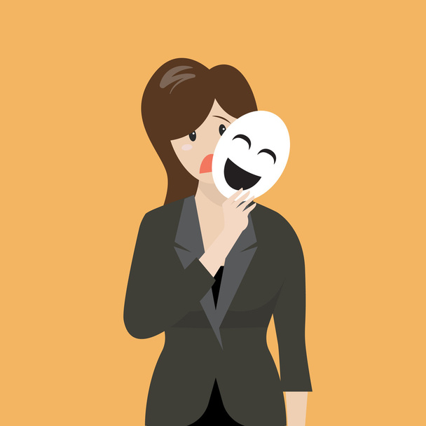 Γυναίκα σε εργασία ψεύτικο κρατώντας μια μάσκα χαμόγελο - Διάνυσμα, εικόνα