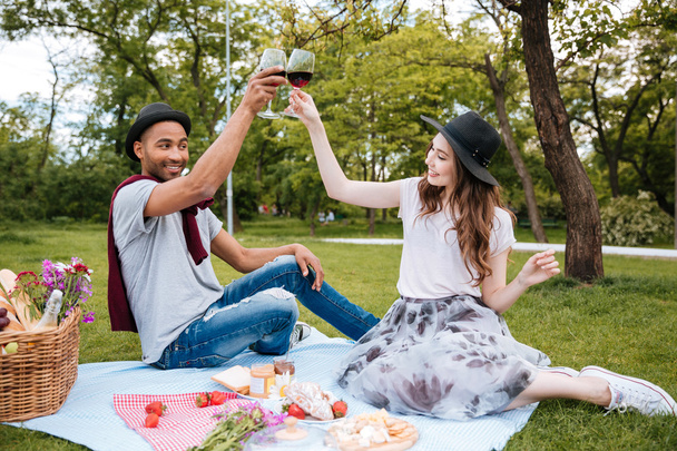 Cheerful couple drinking wine on picnic - Φωτογραφία, εικόνα