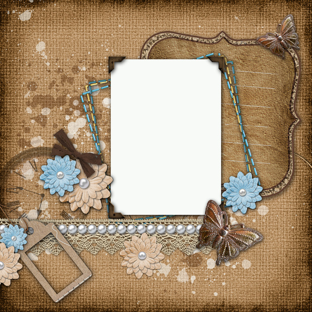 Vintage background with old frames, flowers, golden butterfly - Foto, afbeelding