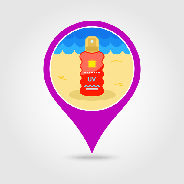 Crema de sol en el icono del mapa de Spray pin. Verano. Vacaciones
 - Vector, imagen