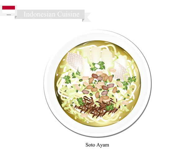 Soto Ayam vagy indonéz rizs tésztasaláta leves csirkével - Vektor, kép