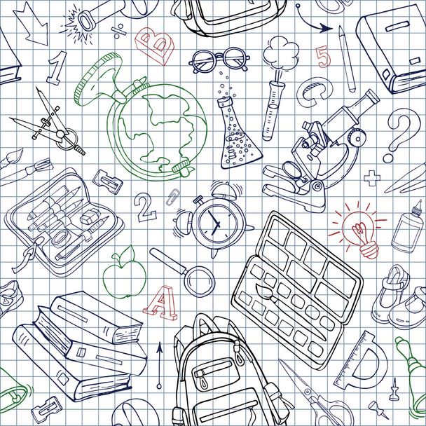 Padrão sem costura vetorial de material escolar doodle
 - Vetor, Imagem