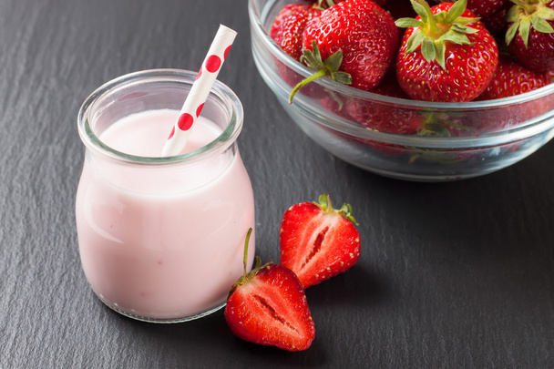 Strawberry milkshake in the glass jar - Photo, Image