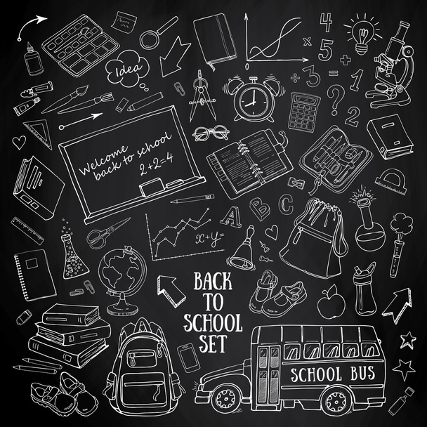 Ensemble sketchy de retour à l'école avec fournitures, bus scolaire, sac à dos, tableau noir, globe sur tableau noir
 - Vecteur, image