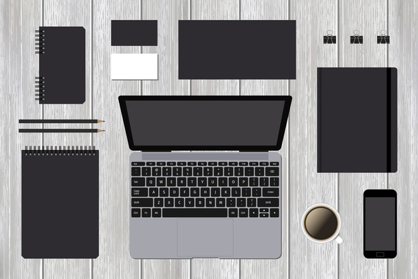 Mock-up stationery with laptop on wood. - Vector, Image