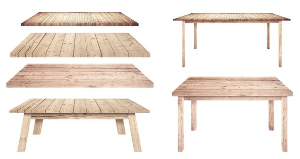 Brown και διαφορετικό στυλ ξύλινα τραπέζια είναι απομονωμένα σε λευκό φόντο - Φωτογραφία, εικόνα