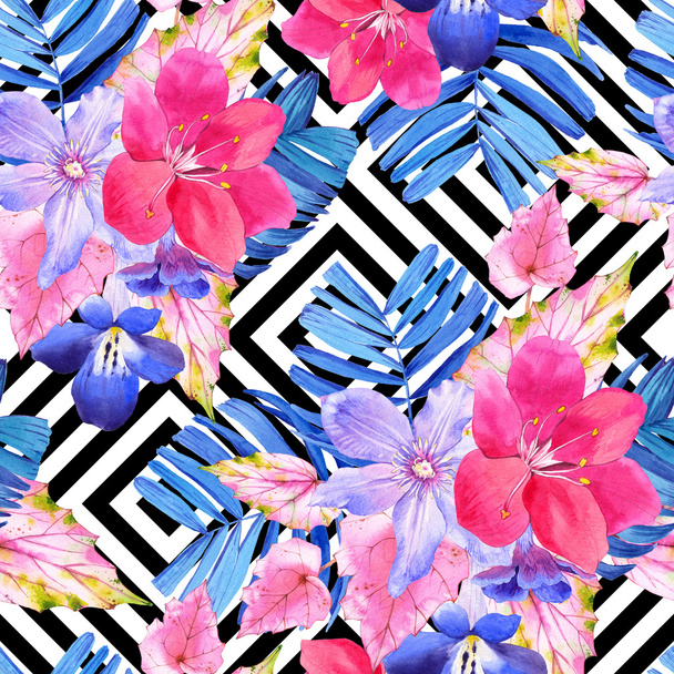 Seamless pattern with pink and blue realistic watercolor flowers. - Foto, afbeelding