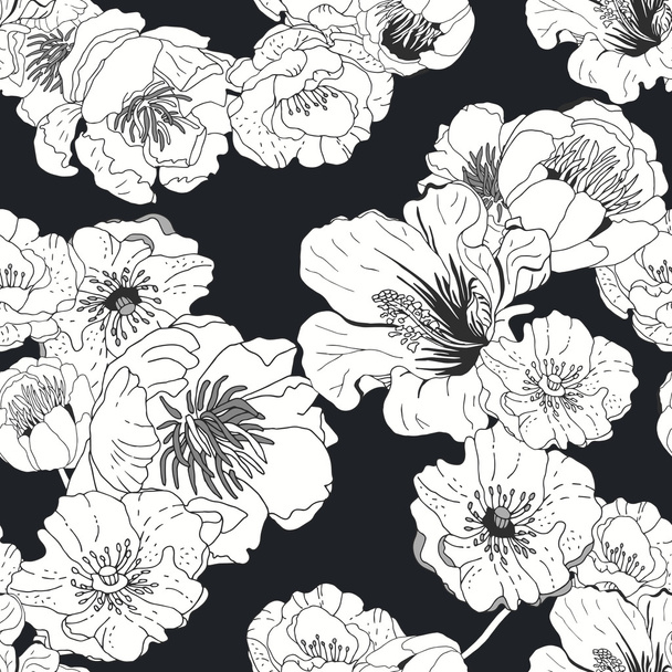 Seamless floral background. Isolated black and white flowers on - Vector, imagen