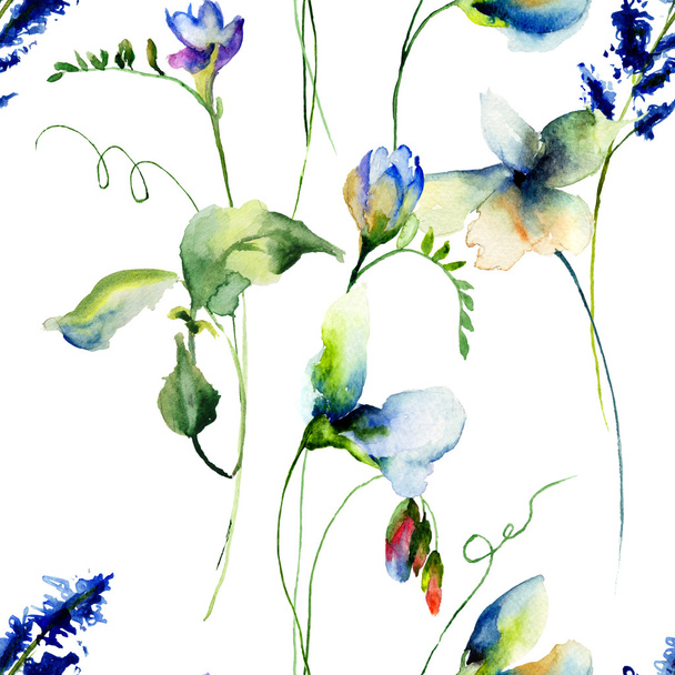 Seamless wallpaper with Sweet pea flowers - Zdjęcie, obraz