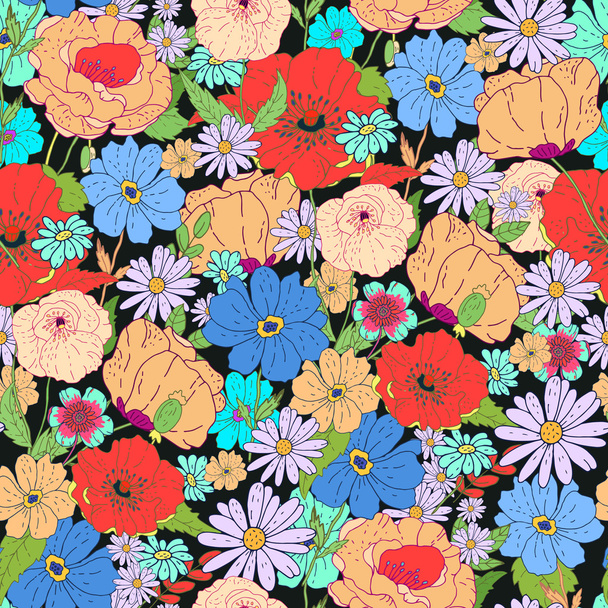 Seamless floral  background. Isolated flowers and leafs on black - Vector, imagen