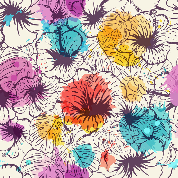 Seamless floral background. Hand drawn tropical flowers and leaf - Διάνυσμα, εικόνα