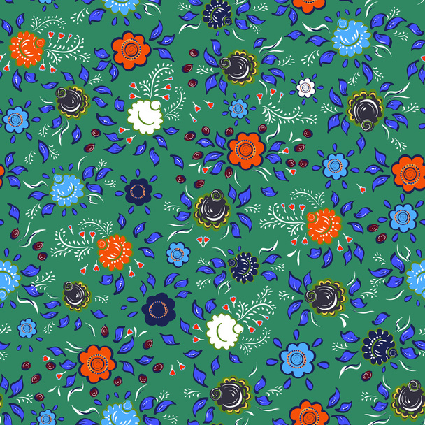 Seamless Folk background.Colorful flowers and leafs on green bac - Vector, Imagen