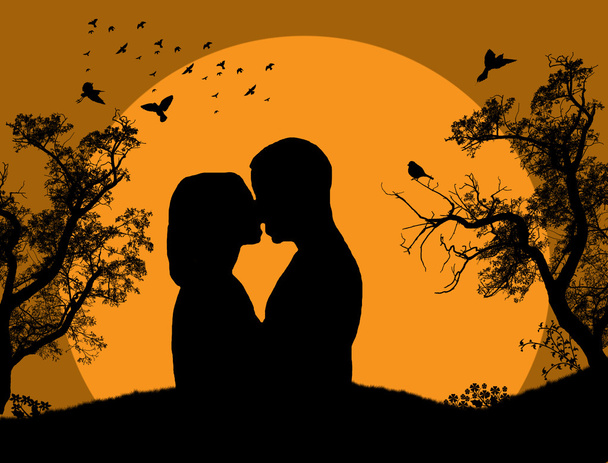 Couple kissing at sunset - Vector, Image