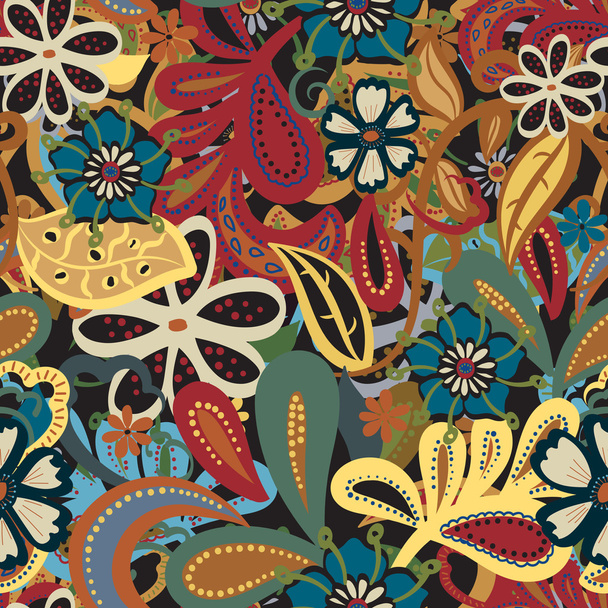 Seamless background.Colorful flowers and leafs on black backgrou - Vector, Image