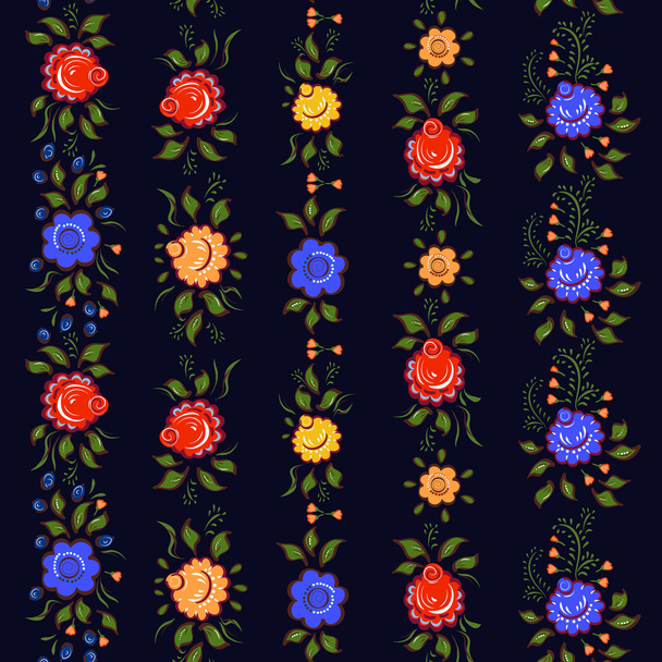 Seamless Folk borders. Isolated colorful flowers and leafs on bl - Vector, Image