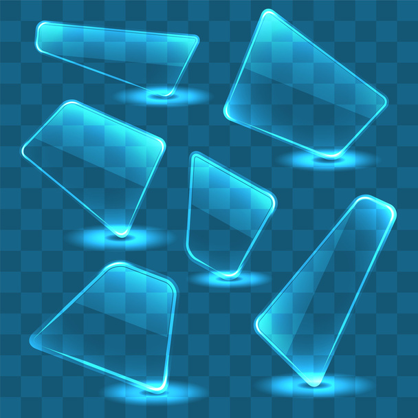 Set of transparent glass plates on a blue background. - Vecteur, image