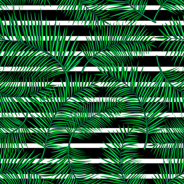 漫画明るいヤシとエキゾチックな熱帯のシームレス パターンのレトロなベクトル イラストの葉、白い背景で隔離の幾何学的な直線。トレンディな植物の無限の背景。印刷、web の使用 - ベクター画像