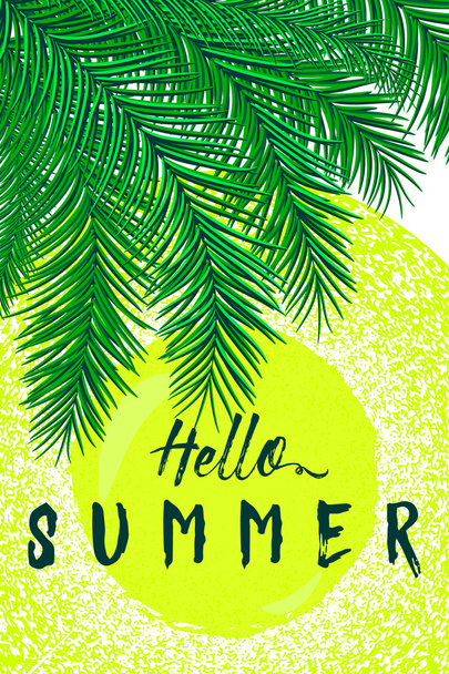 Retro vector illustration of summertime felicitation vertical poster with palm leaves, sun, sunshine, grunge distressed effect. Vintage lettering quote Hello summer. Use for print, web - Vetor, Imagem