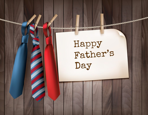 Happy Father's Day Background With A Three Ties On Wooden Backdr - Vecteur, image