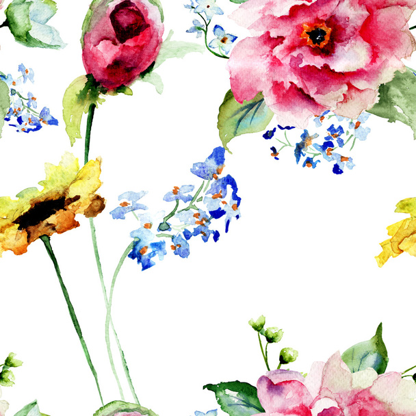 Seamless pattern with stylized wild flowers - Fotografie, Obrázek