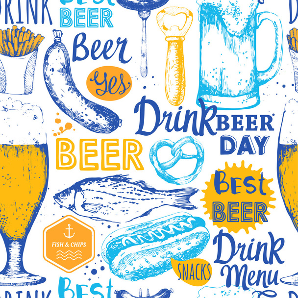 Pattern with beer, cider and snack in sketch style. - Wektor, obraz