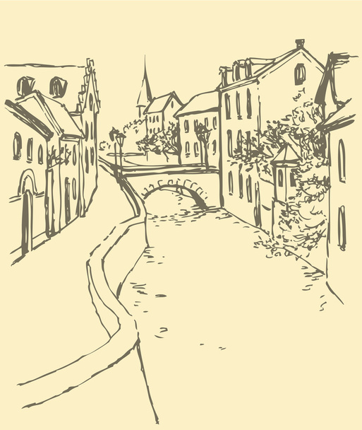 Векторний пейзаж міста. Стара вулиця вздовж каналу з мостом
 - Вектор, зображення