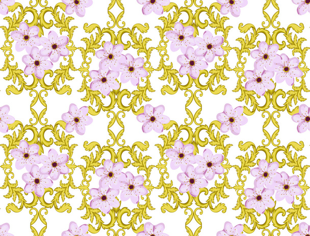 Seamless Gold Pattern with Cherry Blossom - Fotoğraf, Görsel
