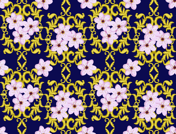 Seamless Gold Pattern with Cherry Blossom - Фото, зображення