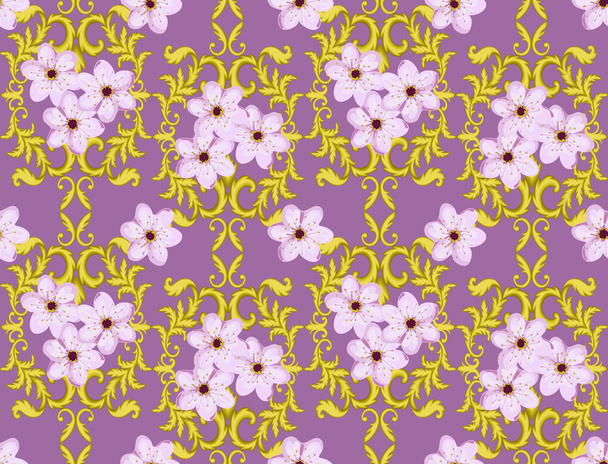 Seamless Gold Pattern with Cherry Blossom - Фото, изображение